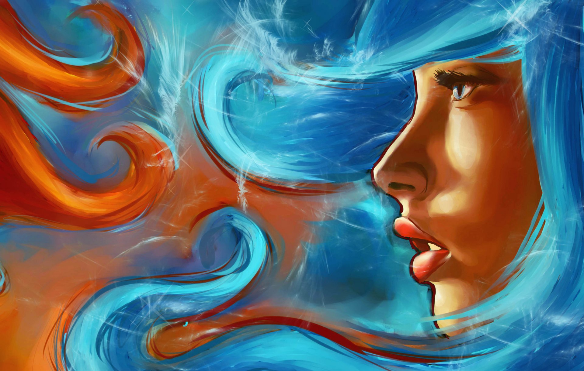 pintura arte chica cara perfil labios mirada elementos fuego agua