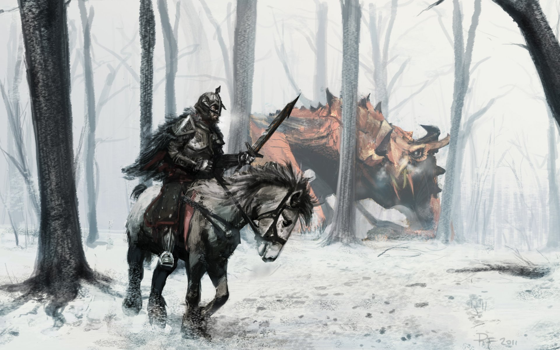 horseman sword armour forest dragon snow hunt