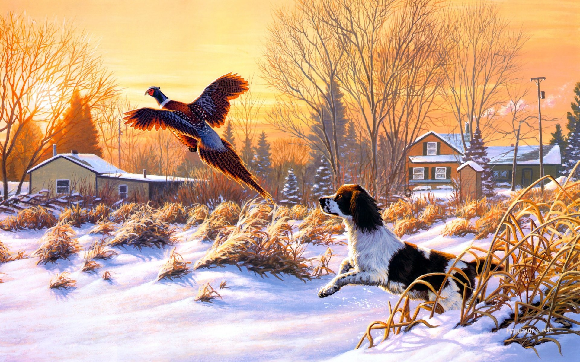 frank mittelstadt getting up arte naturaleza invierno nieve caza perro pájaro volar amanecer pintura