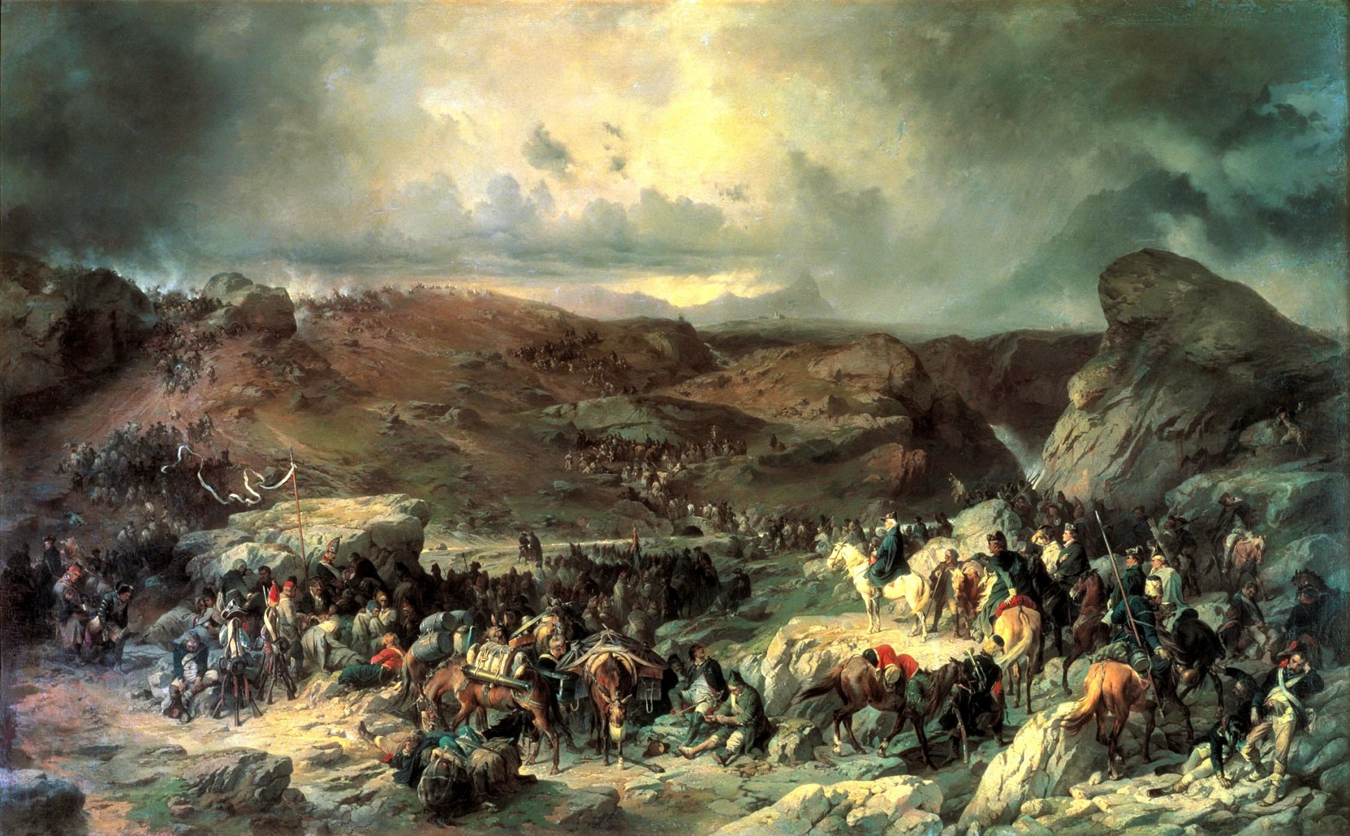 pittura olio su tela attraversamento delle truppe di suvorov attraverso il san gottardo 13 settembre 1799 pittore a. kotzebue