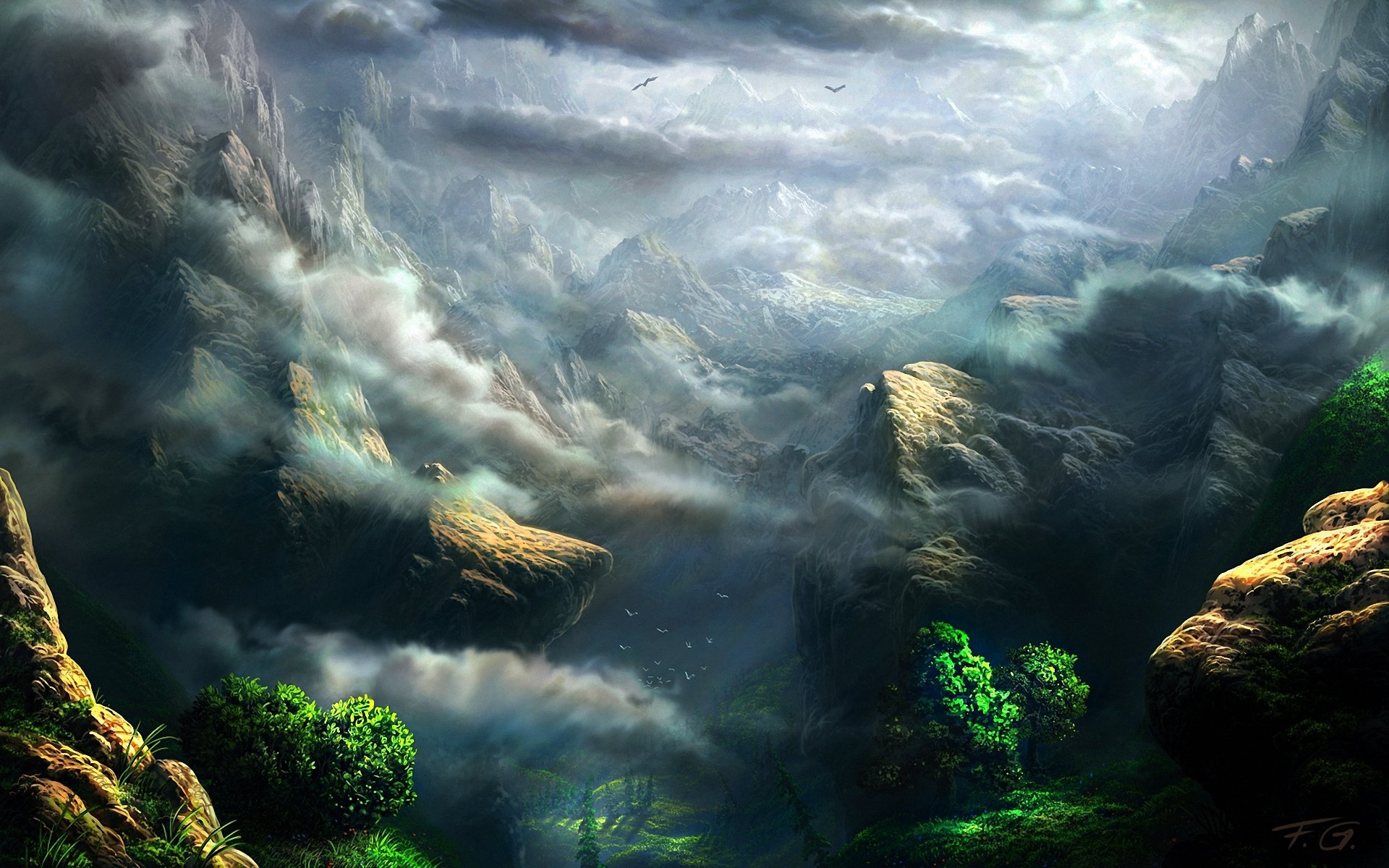 art fel-x mountain height clouds rock tree green