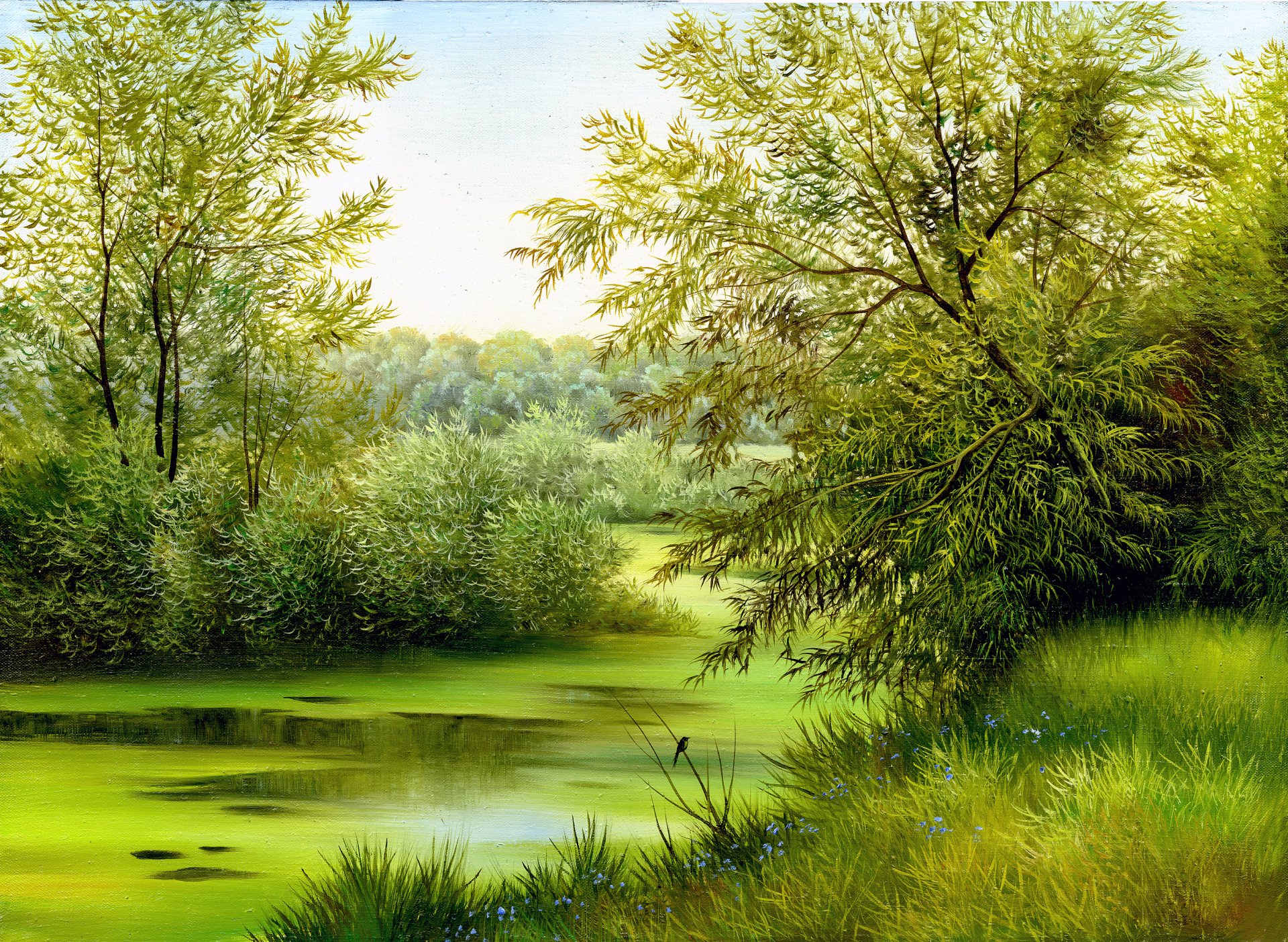 peinture toile nature paysage vert herbe arbres fleurs oiseau