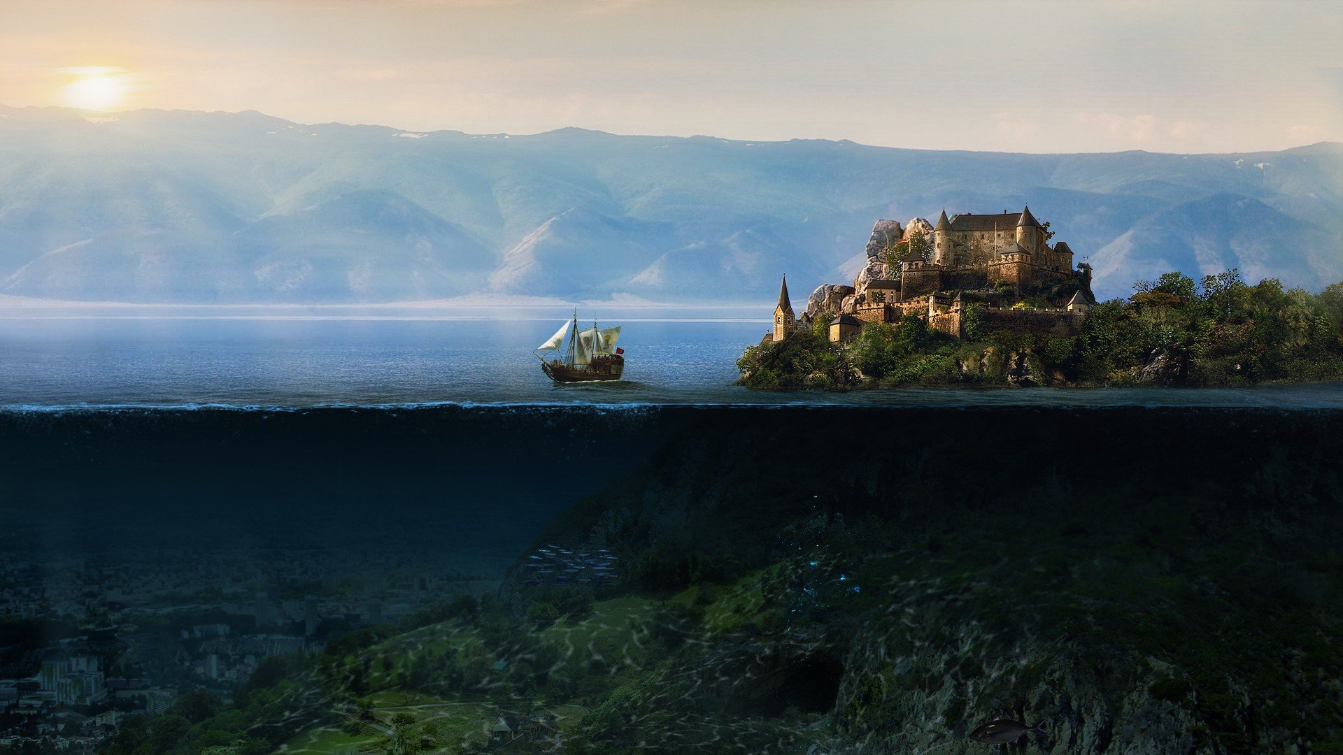 océan navire île château montagnes soleil monde sous-marin