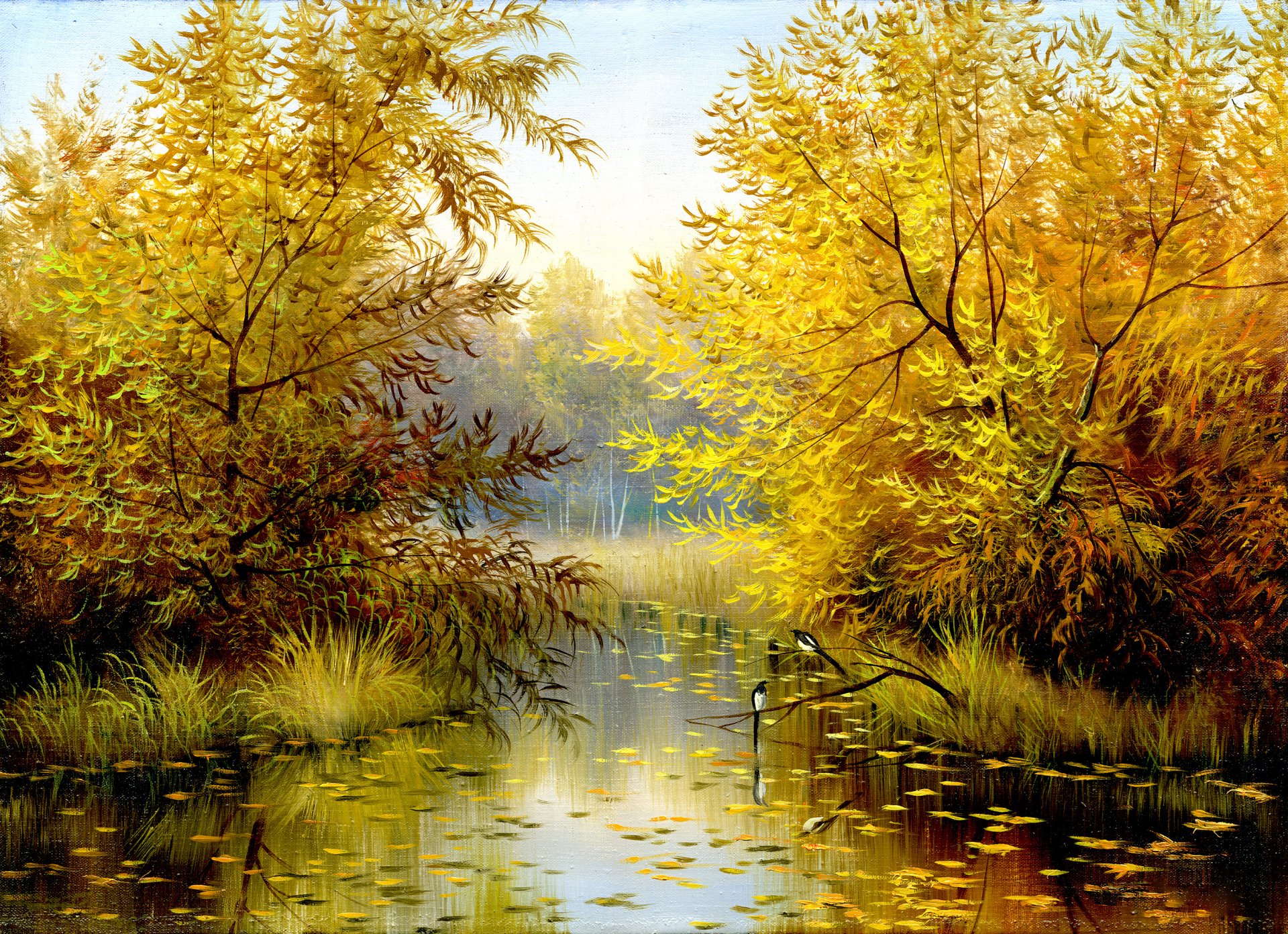 painting nature landscape birds tree leaves autumn of the year