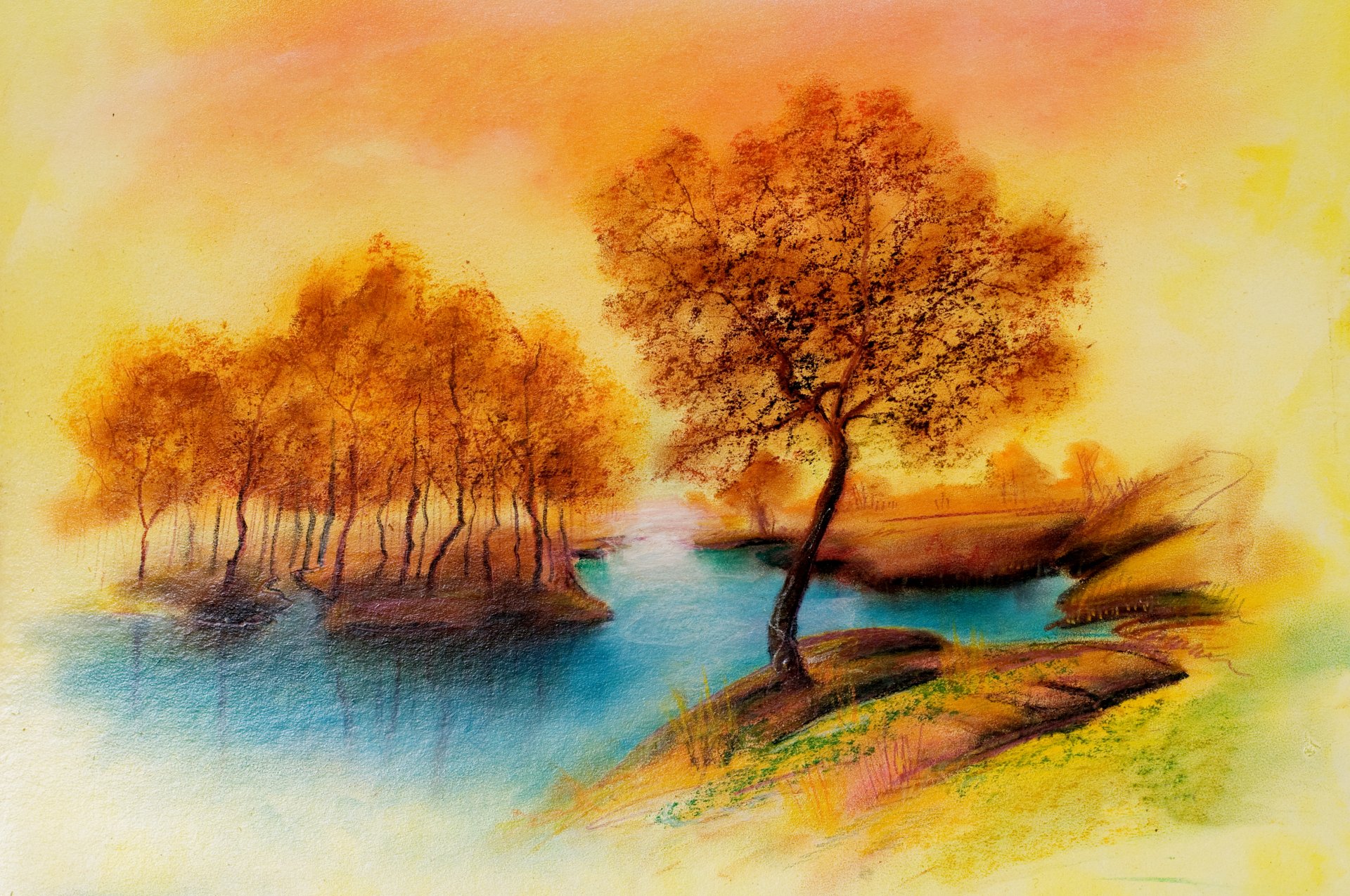 dessin paysage rivière arbres paix automne