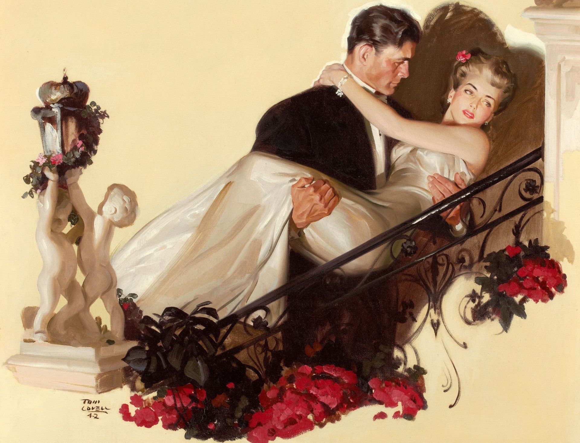 tom lovell dos hombre mujer flores vestido pintura dibujo