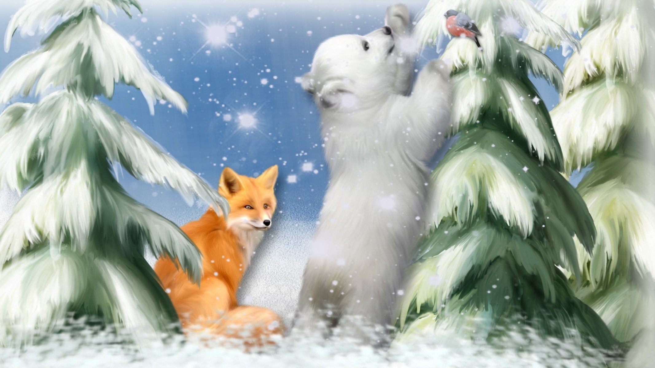 arte pintura pintura árboles de navidad nieve copos de nieve zorro oso de peluche nieves juego curiosidad cuento de hadas