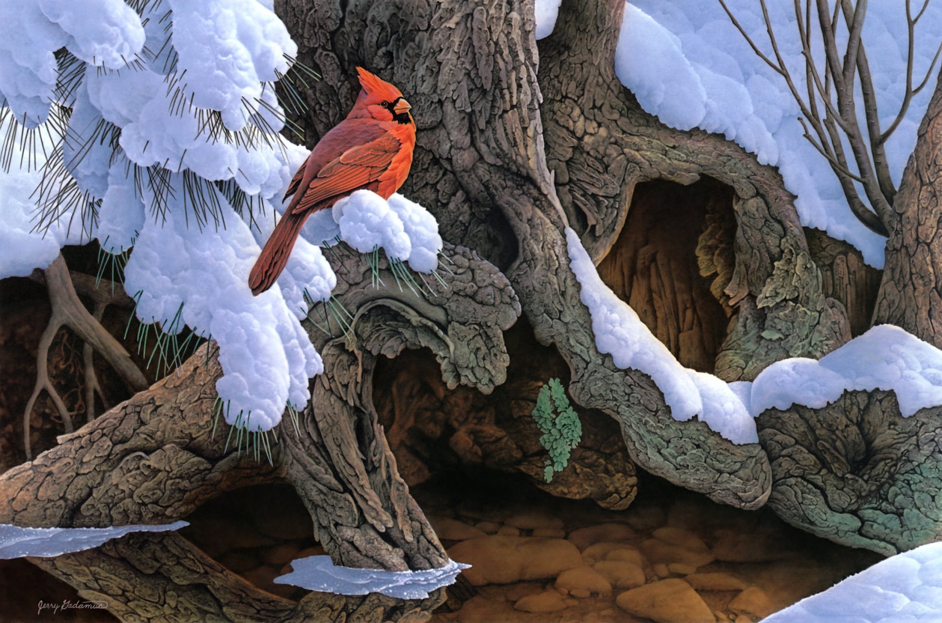 jerry gadamus testigo del árbol pintura nieve invierno árbol pájaro cardenal