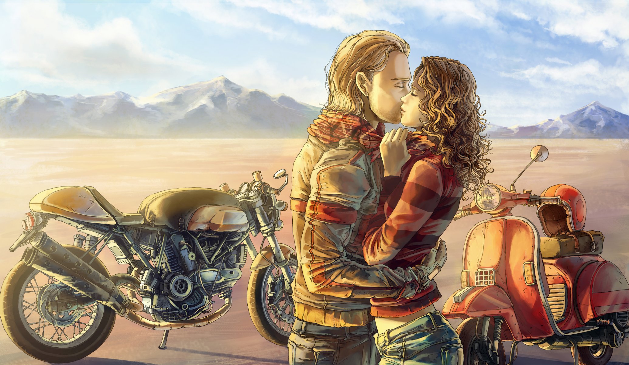 impossible d arrêter lovin you de c85 art dessin garçon fille câlins moto scooter montagnes