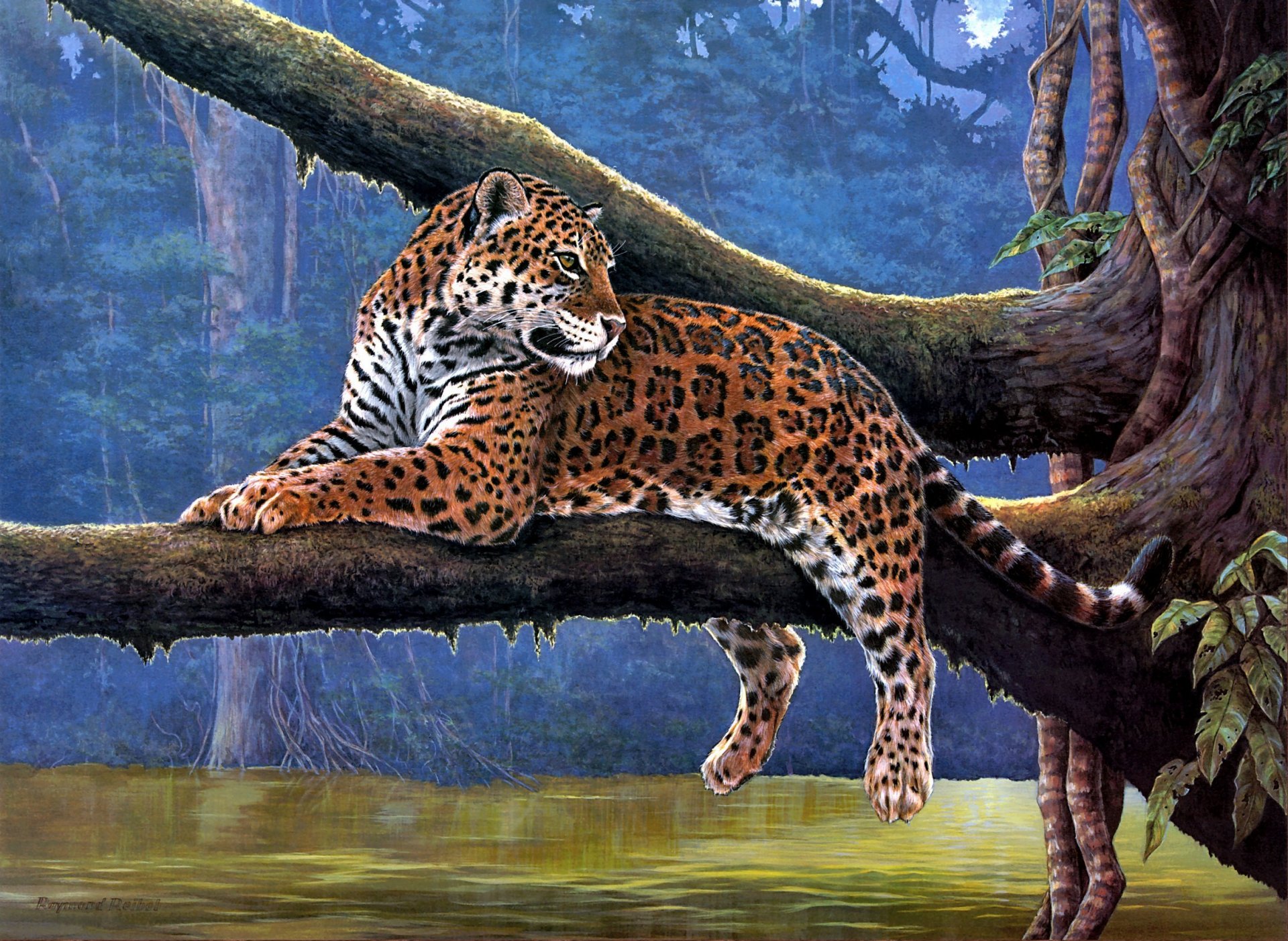 raymond reibel jaguar malerei tiere jaguar fluss zweig baum reben