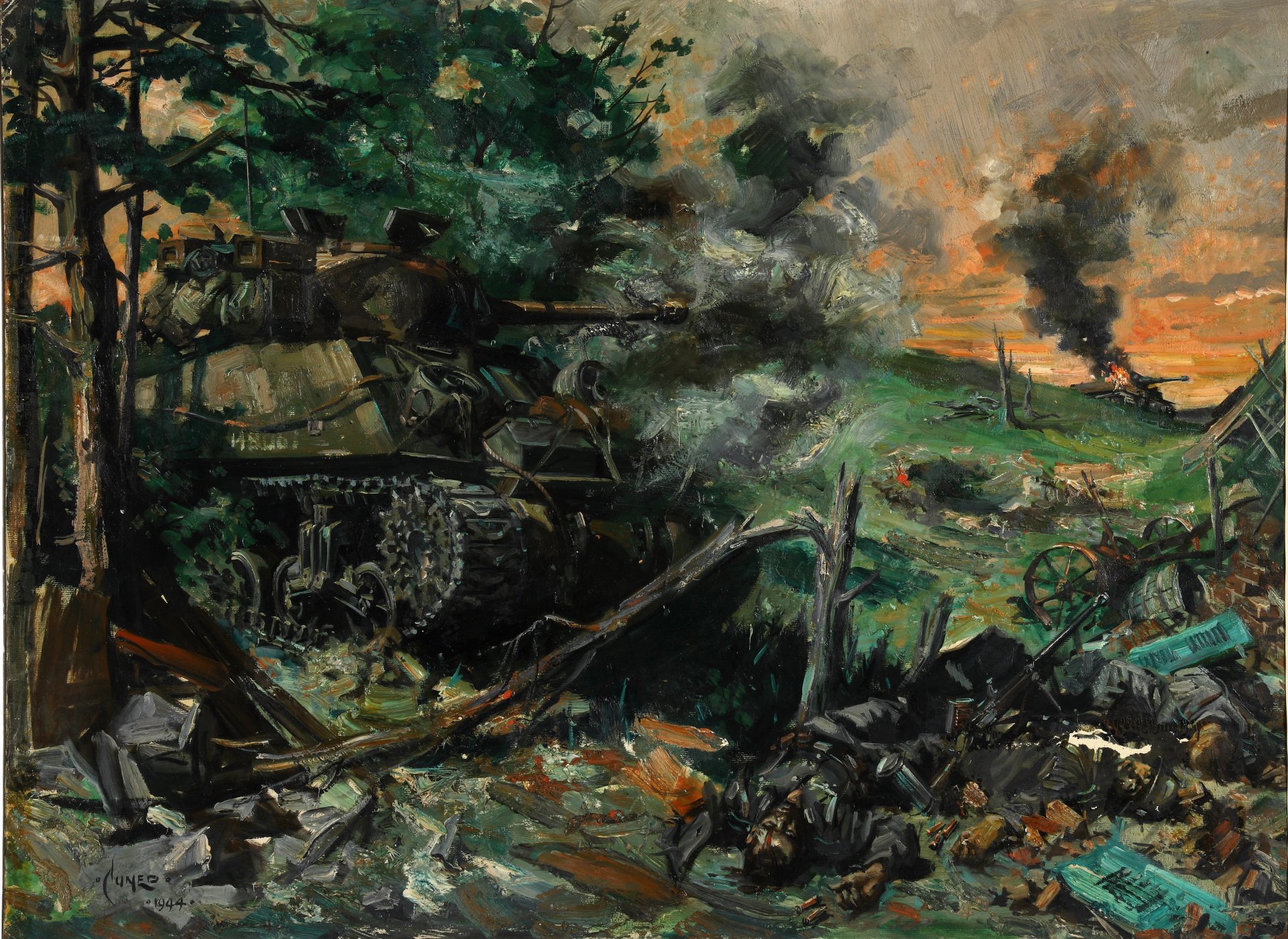 batalla de tanques artista terence cuneo pintura óleo sobre lienzo