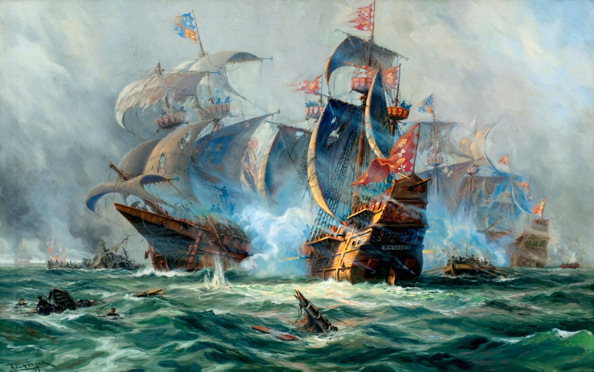 naval battles ships sailboats shots smoke boats pieces of masts waves floundering sailors pattern canvas oil