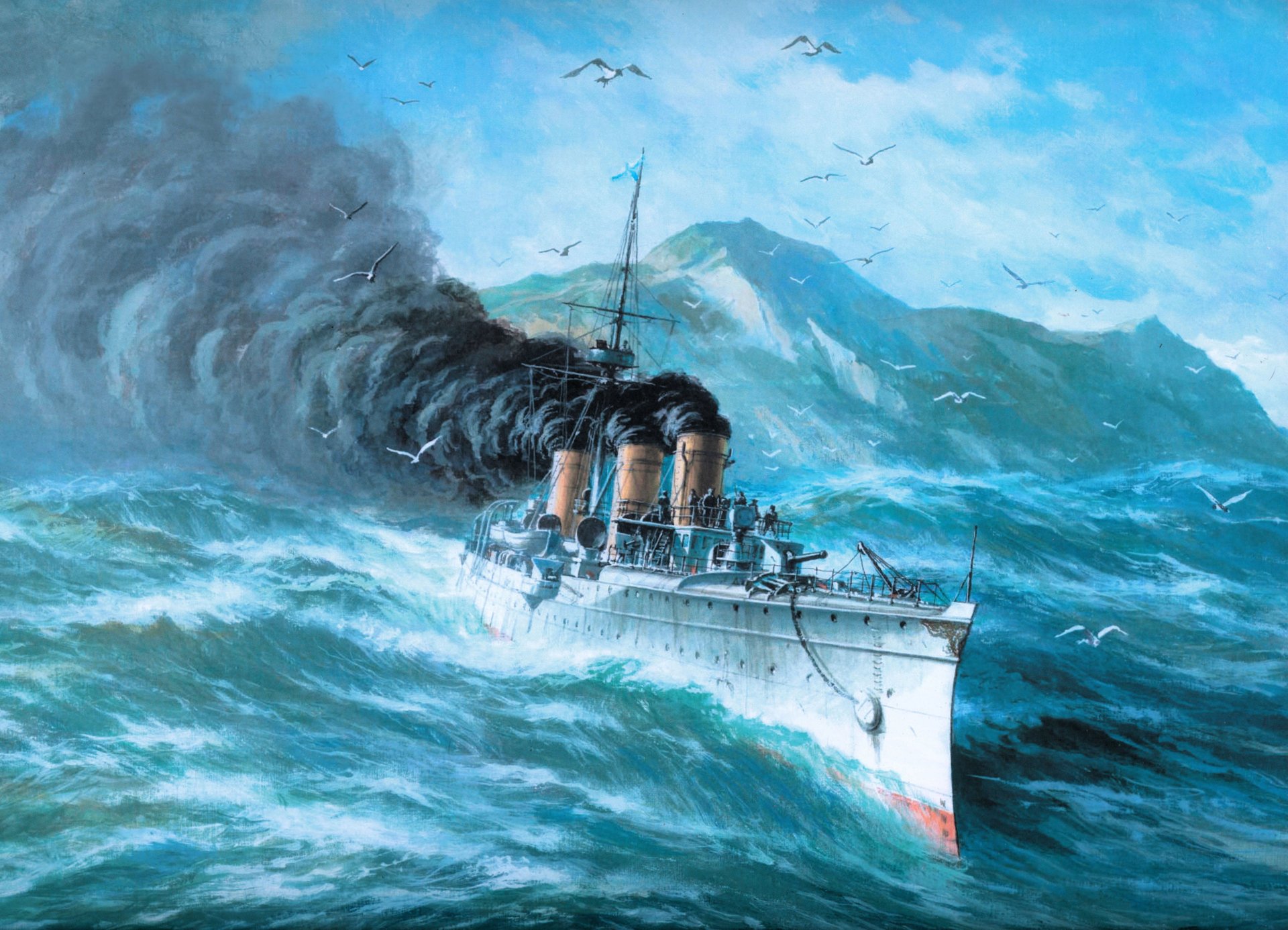 art sea storm large waves cruiser class 2 novik smoke sky albatrosses picture