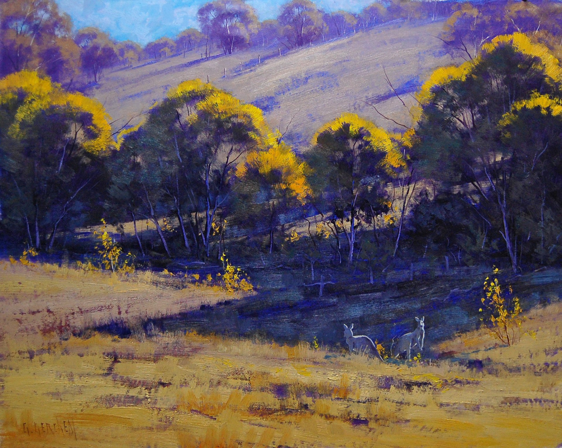 art artsaus nature australia kangaroo tree grass hill