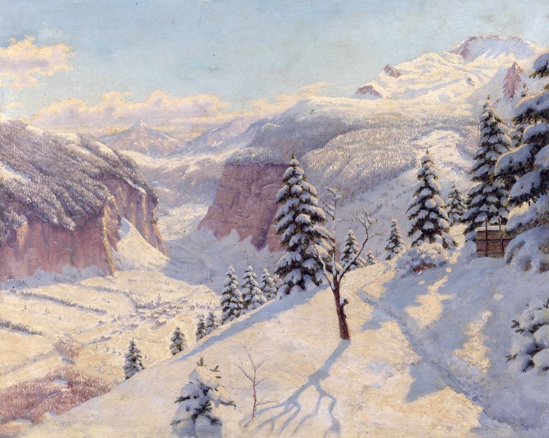 peinture paysage boris bessonov montagnes hiver neige arbres congères sentier arbres de noël