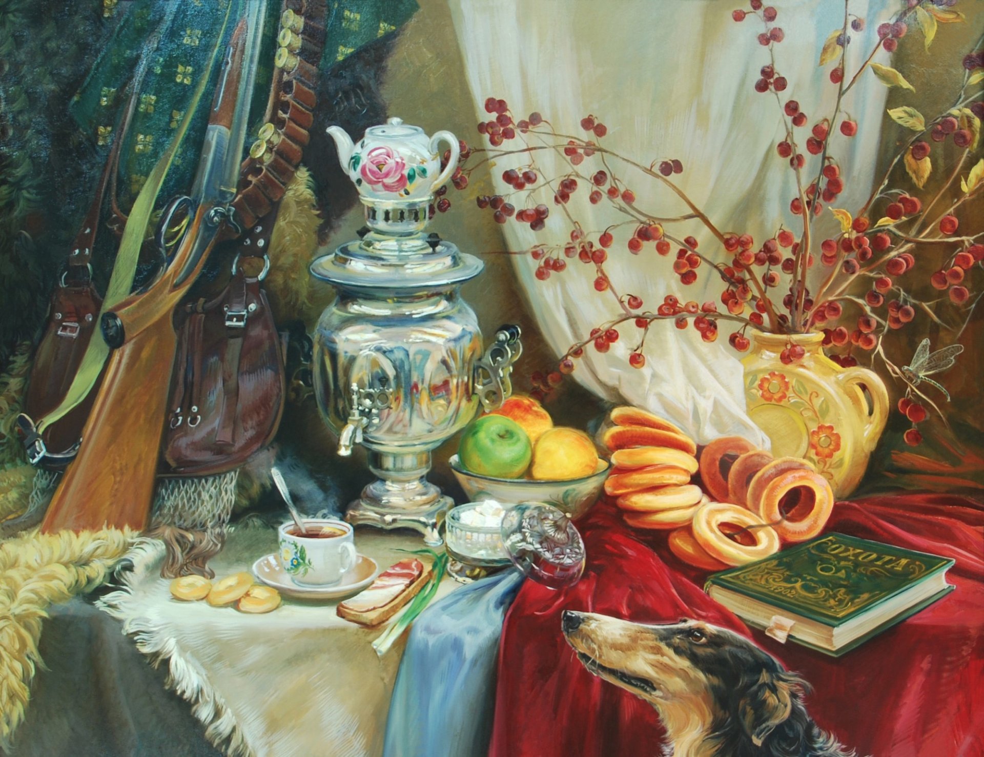 art peinture peinture nature morte sur table samovar thé sandwich agneau bagels pommes livre équipement chasseur cartouchière fusil de chasse chien russe lévrier chasse