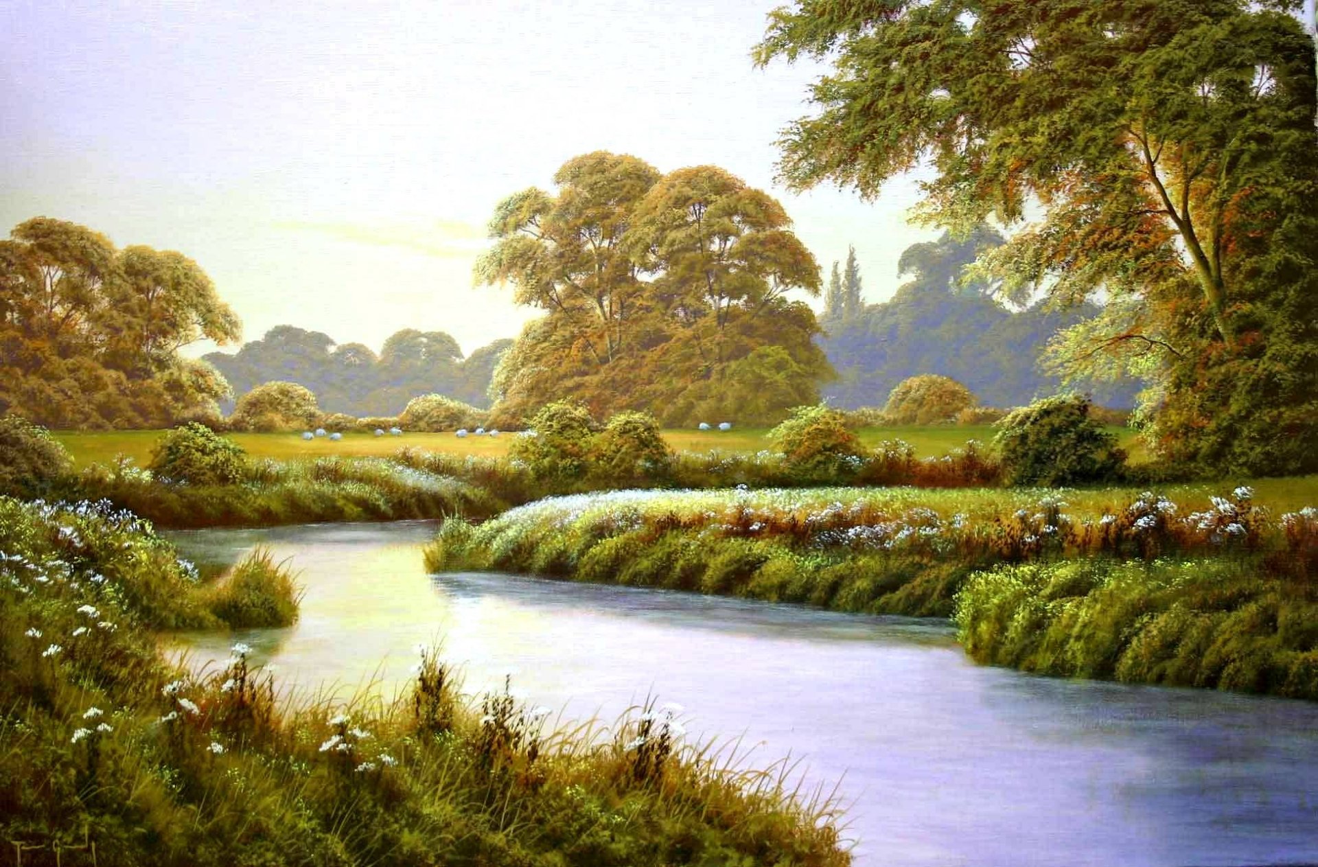 terry grundy autumn coming painting landscape river tree field flower approach of autumn