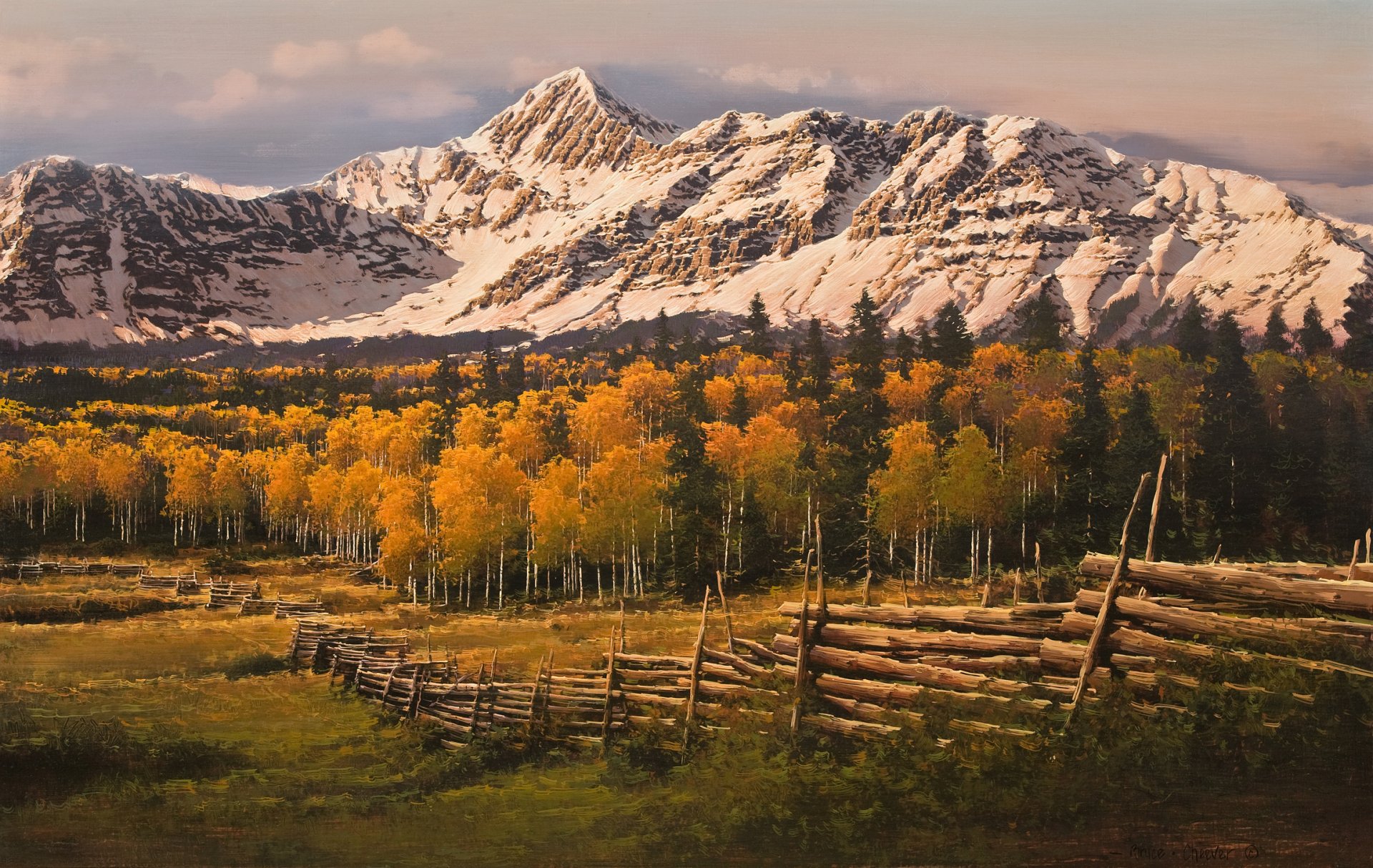 bruce cheever une touche d or san juan ridge peinture paysage d automne forêt automne montagne neige bouleau clôture