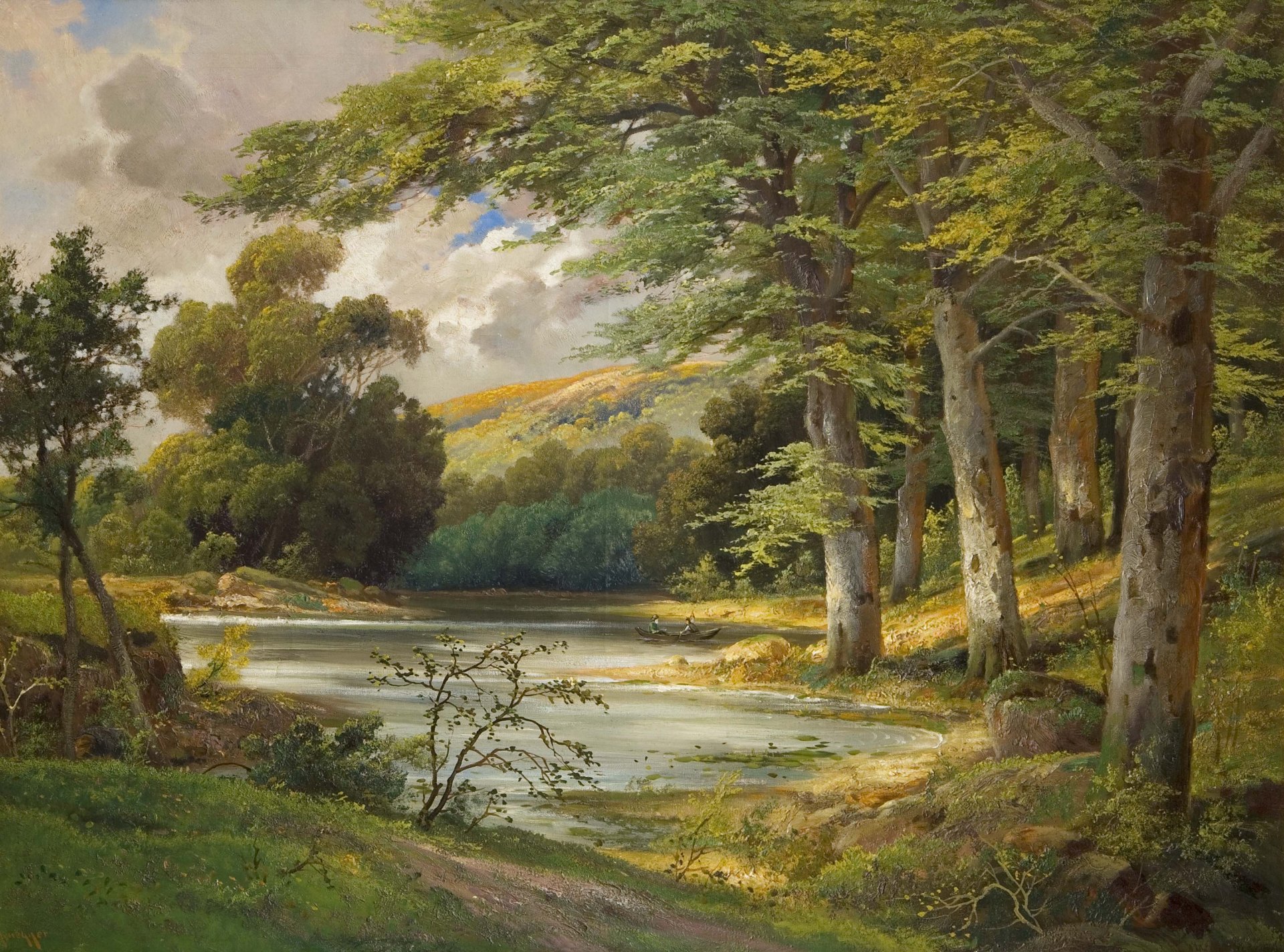 alois arnegger paysage de forêt romantique peinture paysage forêt lac bateau