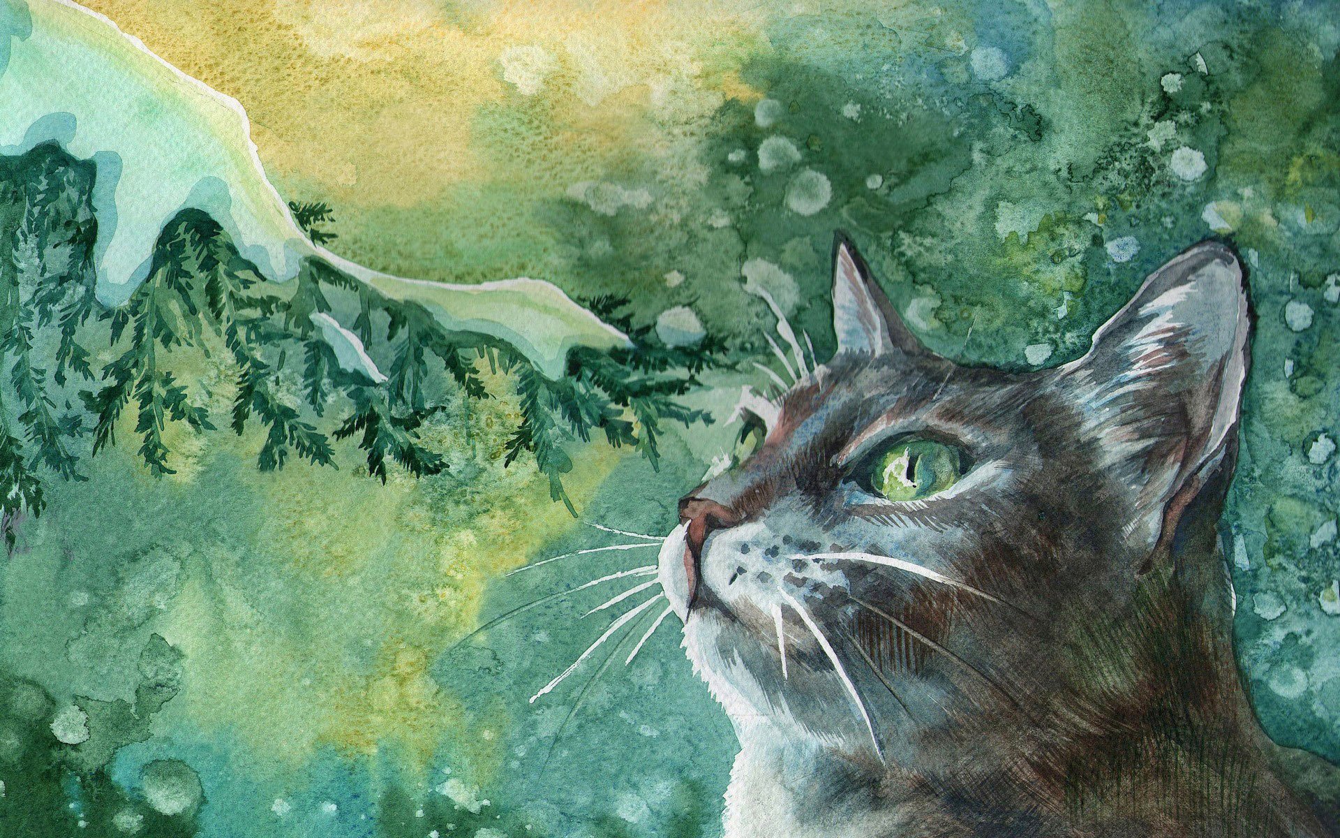 arte pittura immagine gatto kotyara occhi verdi baffi ramo albero di natale neve fiocchi di neve miracoli