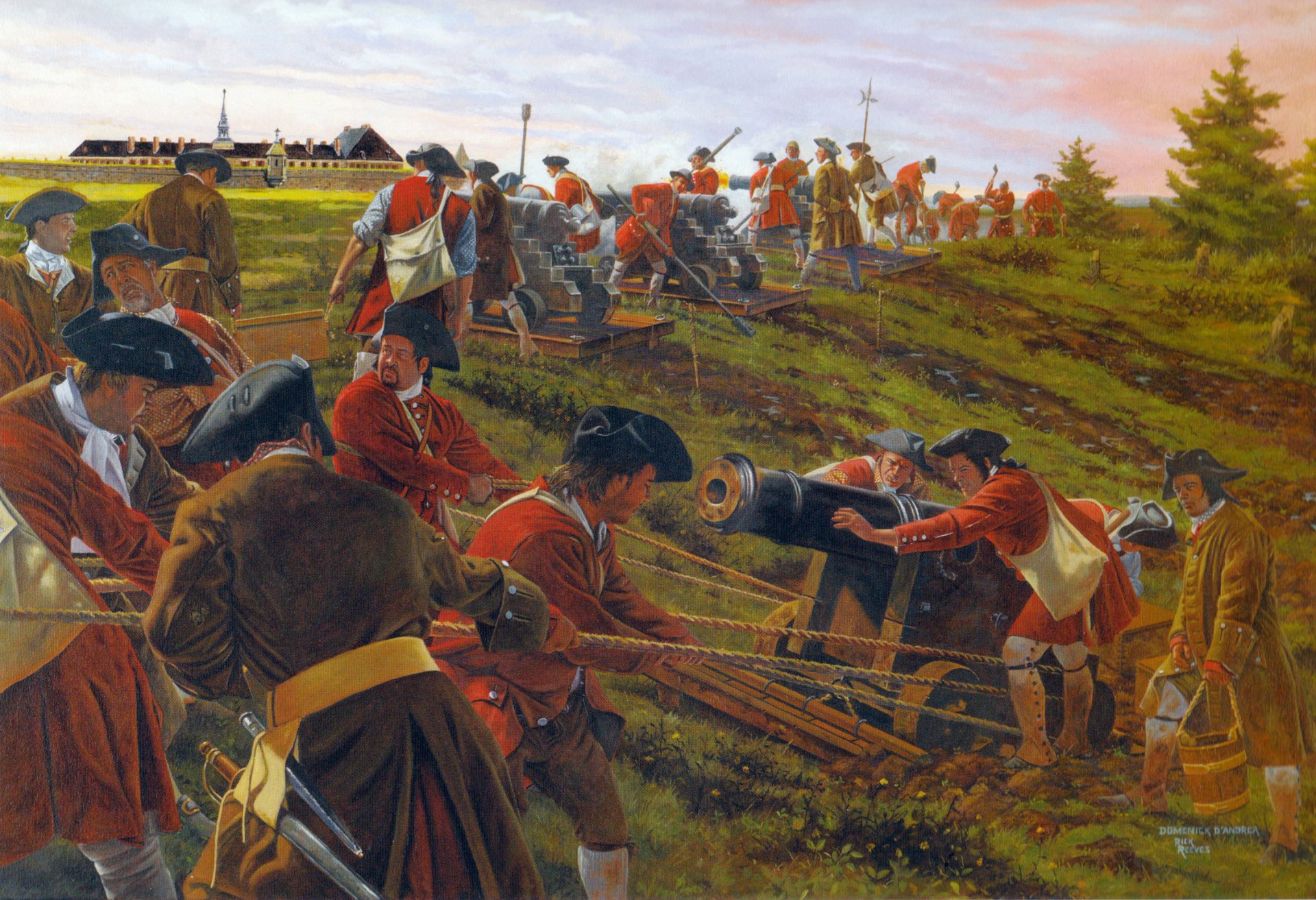 siège de louisbourg louisbourg mai 1745 troupes britanniques canons batterie artilleurs préparation au tir guerre de succession d autriche peinture huile sur toile