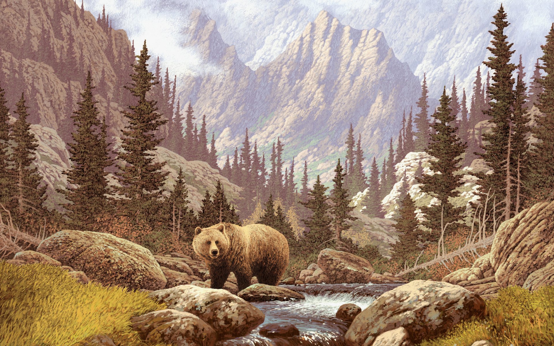 pintura pintura oso bosque montañas río piedras hierba