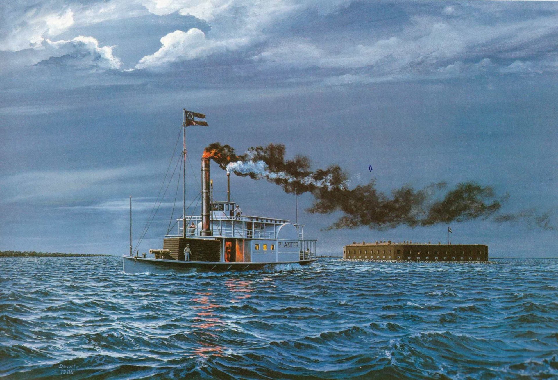 arte río olas cañonera barco plantador plantador humo escape fuerte dibujo