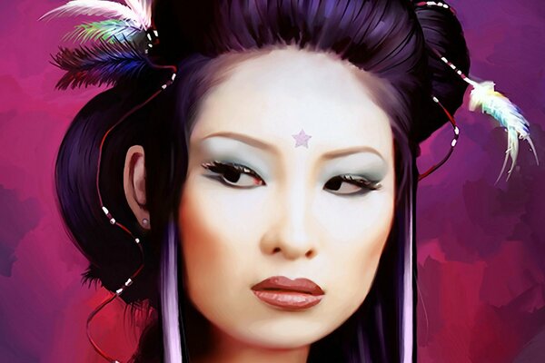 Eine Geisha mit Federn in der Frisur und hellem Make-up