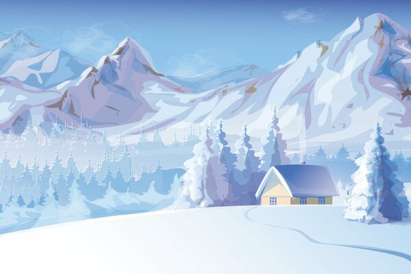 A house in the snowy mountains on the outskirts of the forest