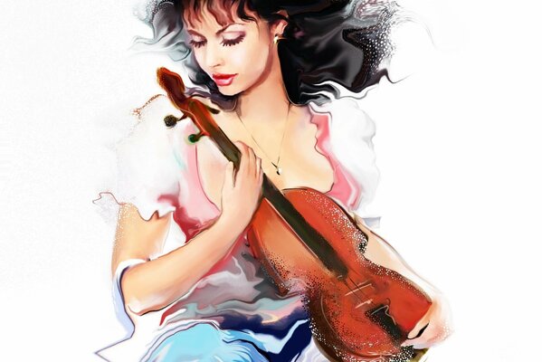 Девушка брюнетка со скрипкой играющая музыку на белом фоне