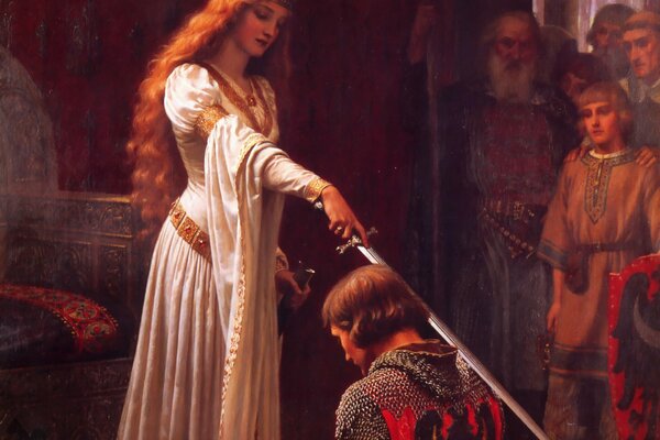 A painting depicting a girl who puts a sword on a man s shoulder