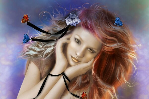 Pintura chica con flores de mariposa en el pelo