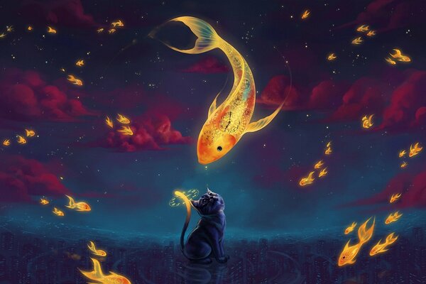 Art image of a kitten and goldfish with red clouds