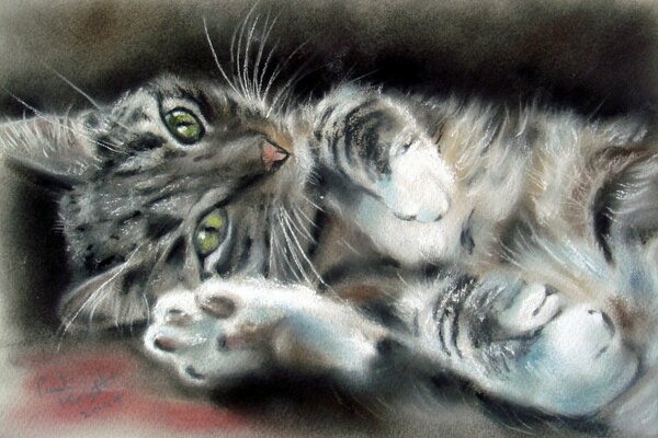 Pintura de un gato con ojos verdes