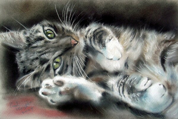 Peinture d un chat aux yeux verts