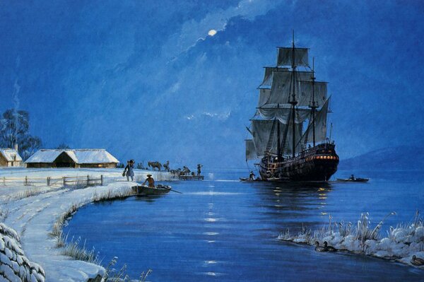 Картина с изображением парусника у берега моря зимой