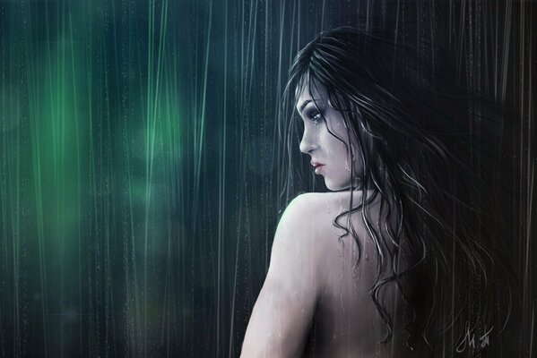 Naked girl in profile in the rain