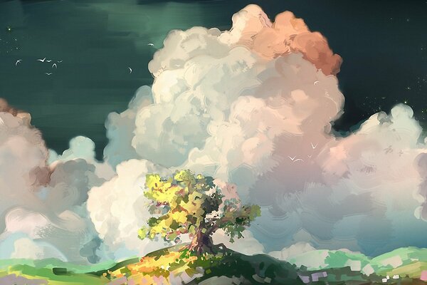 A tree and clouds on a painted landscape