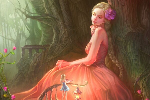 Beautiful girl with a long braid in a fairy forest