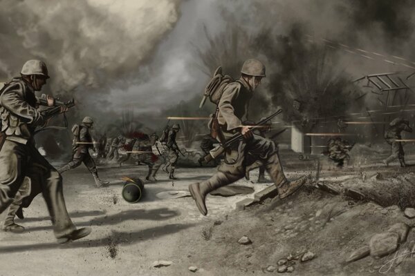 Soldiers running across the battlefield