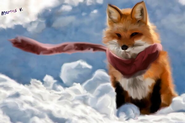 A fox with a bright red scarf