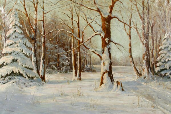 Pintura del bosque de nieve de invierno