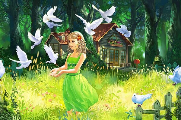 A picture of a girl in a green dress with pigeons