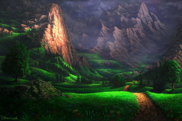 Das Tal des Grüns in den Bergen und im Nebel