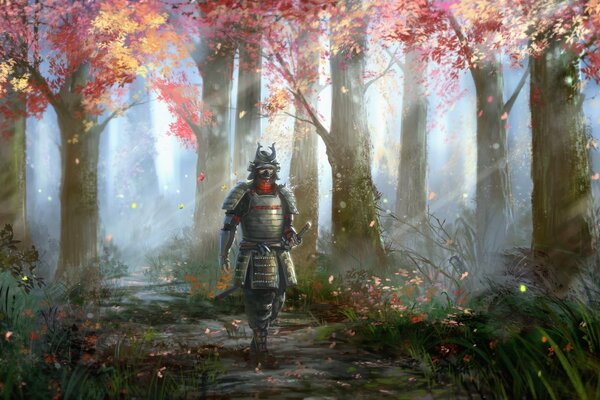 A man in armor in the autumn forest