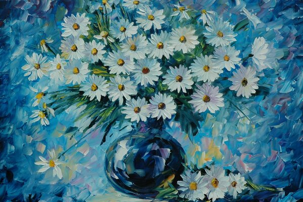 Painting vase with daisies on a blue background