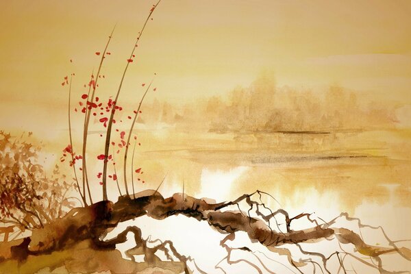 A snag over a river in Chinese painting