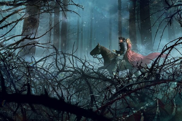 Romantic couple on a horse in the night forest