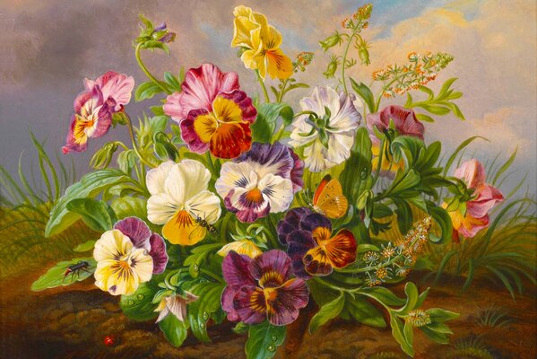 La pintura muestra flores, una mariposa, una abeja y una mariquita