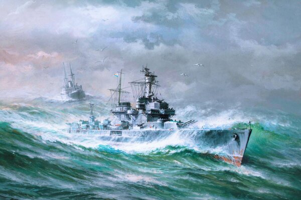 Art z krążownikiem Admirał Makarov na pierwszym planie
